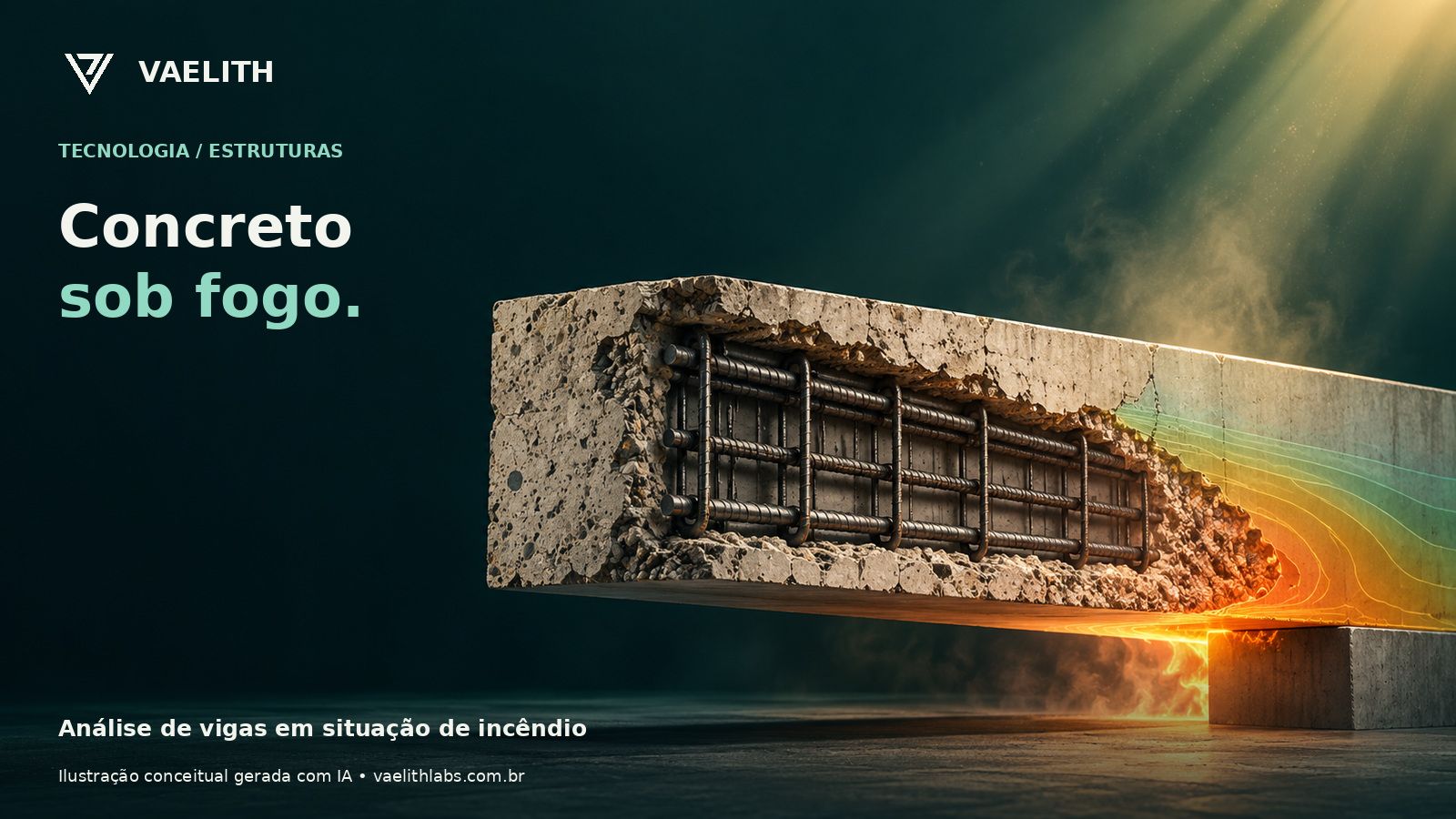 Viga de concreto armado em corte com representação conceitual de exposição ao fogo.