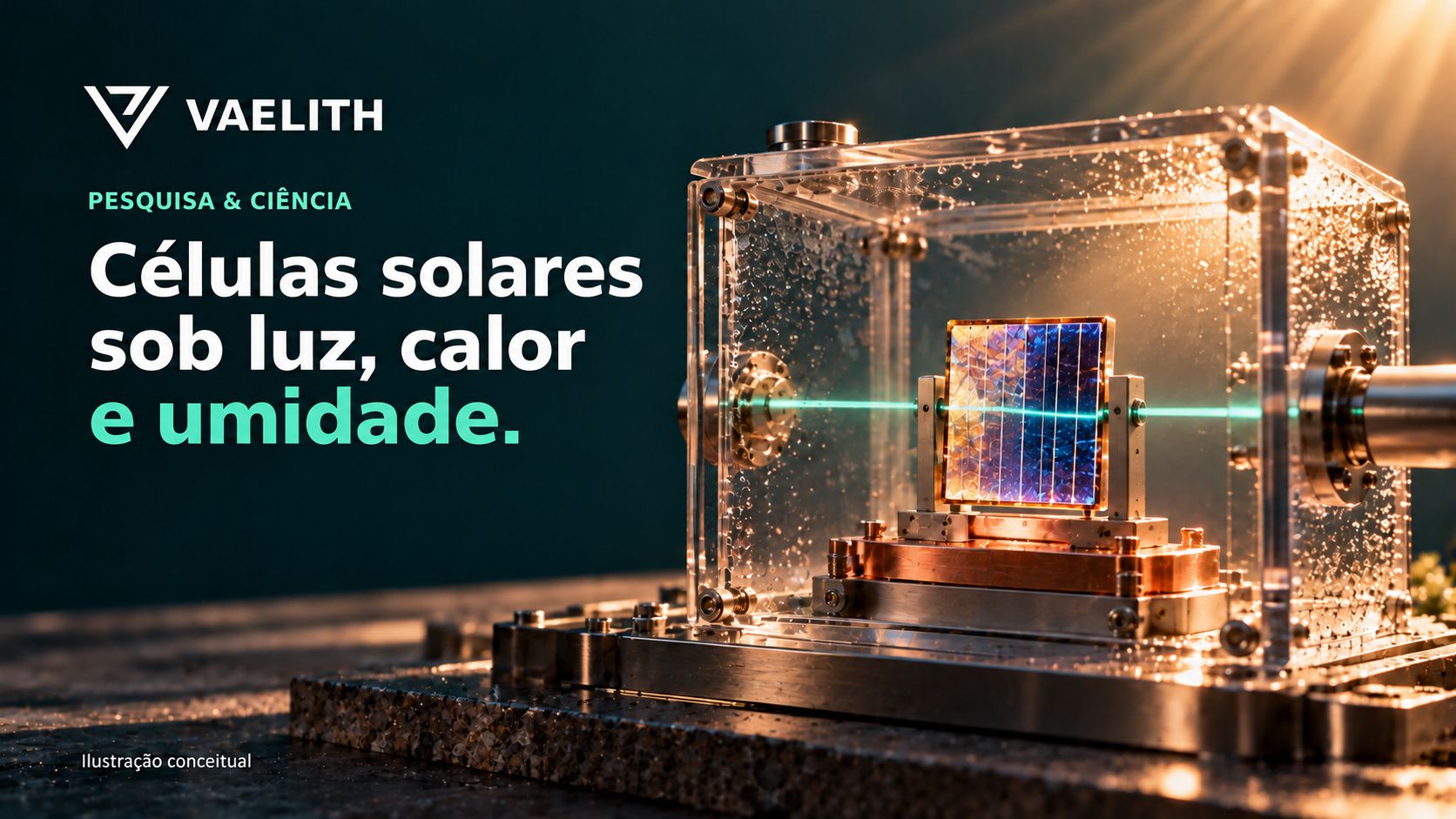 Célula solar em câmara experimental imaginária, com representação de luz, calor e umidade.