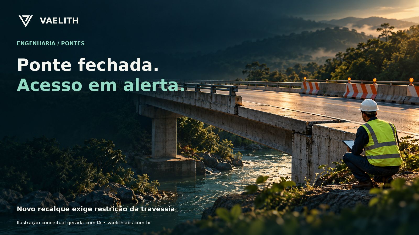 Ilustração conceitual de ponte interditada e inspeção, sem representar a ponte Milton Guilherme.