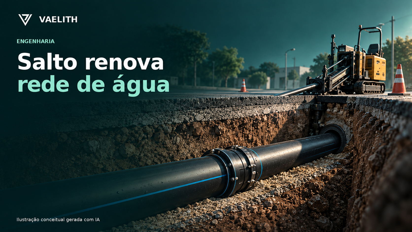 Ilustração conceitual de renovação de rede de água com tubulação PEAD; não representa a obra de Salto.