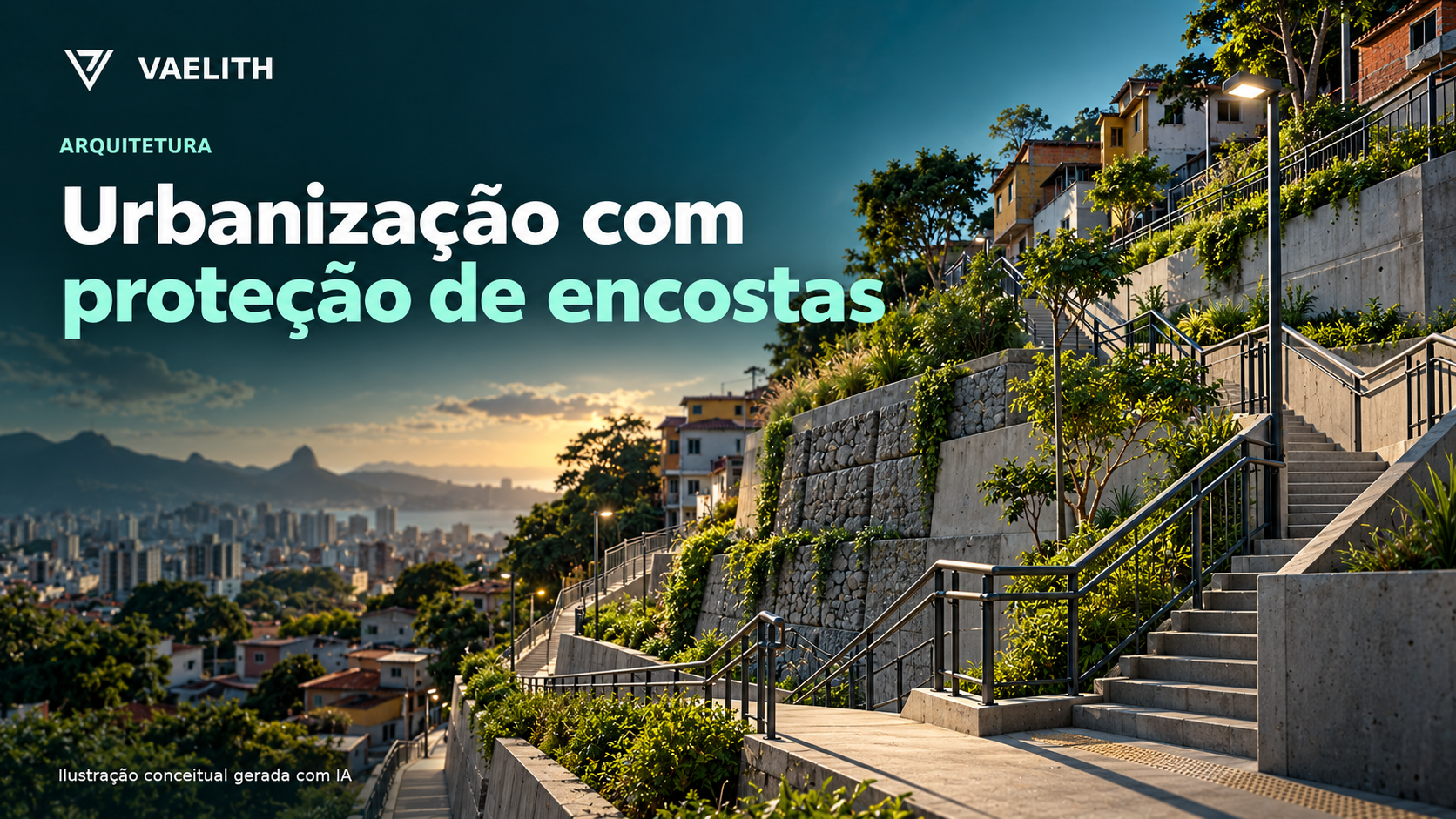 Ilustração conceitual de urbanização e contenção de encosta; não é registro de obra específica.