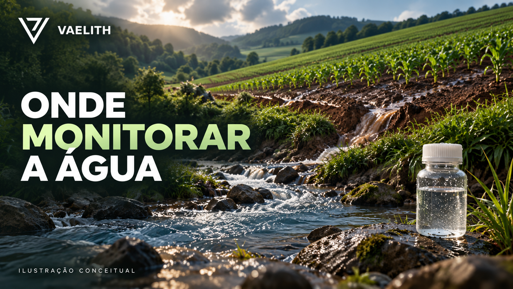 Representação conceitual de escoamento superficial agrícola e coleta de água.