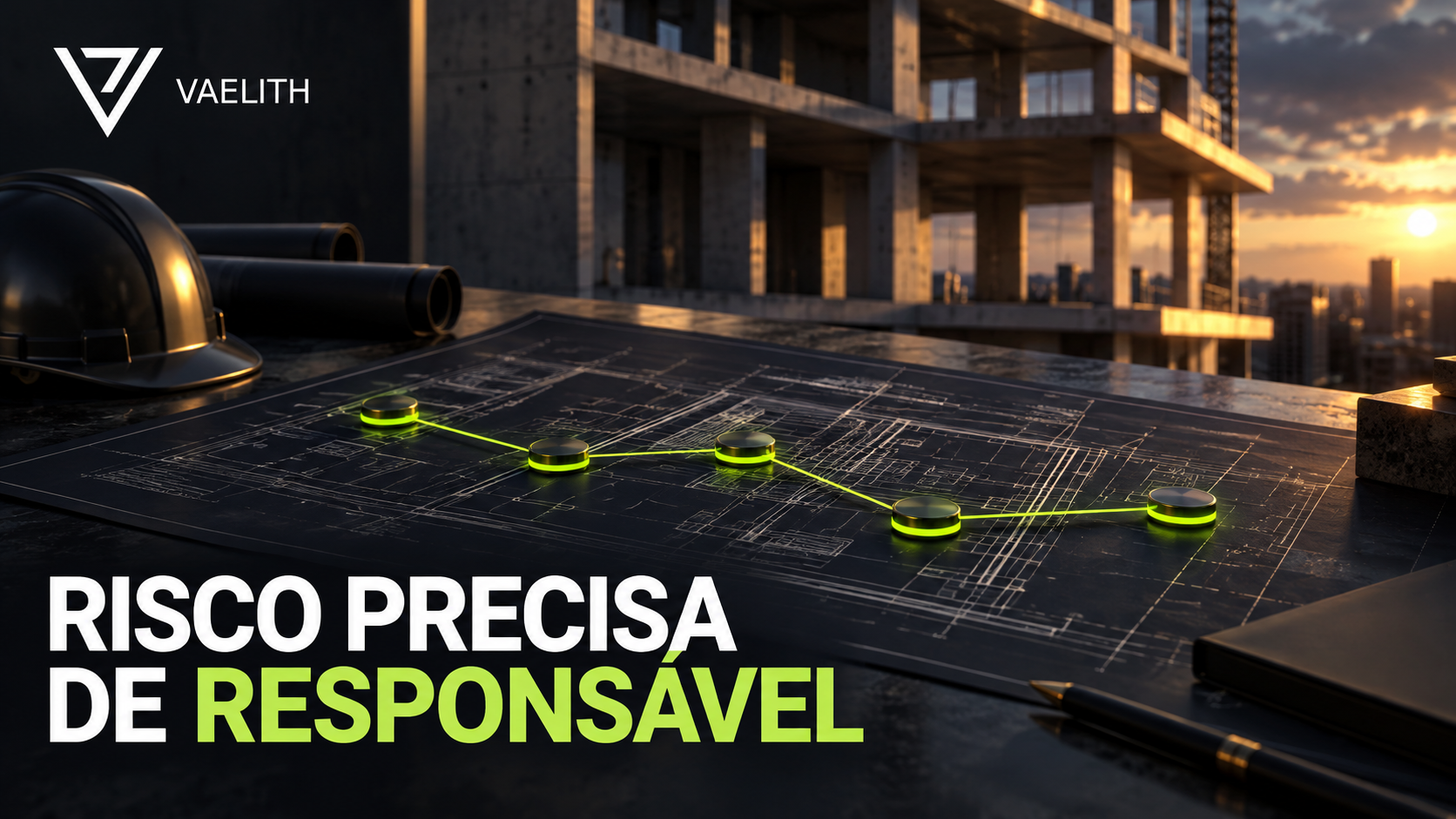 Planta de obra e cinco marcadores conectados, representando coordenação de riscos.