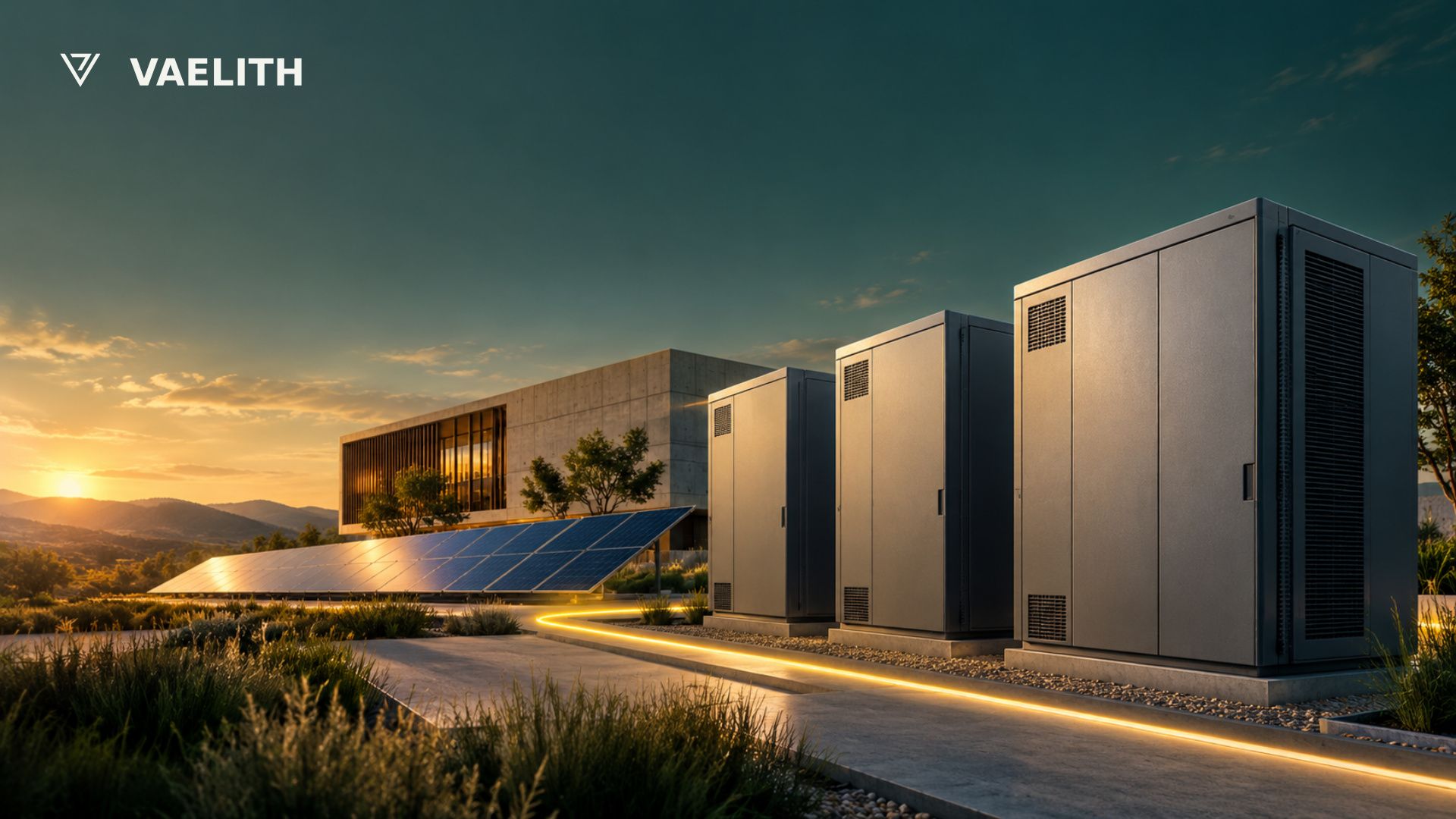 Ilustração conceitual de baterias estacionárias, painéis solares e um edifício conectados por um traço simbólico de energia.