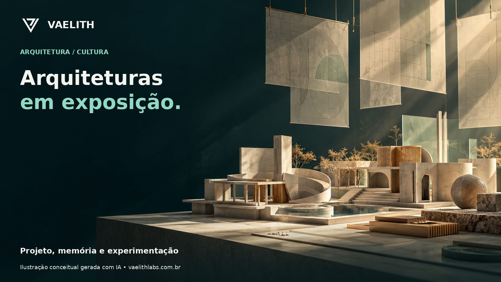 Maquetes arquitetônicas em espaço expositivo imaginário; ilustração conceitual, não fotografia da mostra.