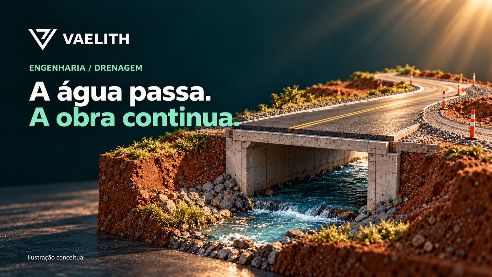 Corte conceitual de galeria de drenagem sob rodovia, com água e estrutura de concreto.