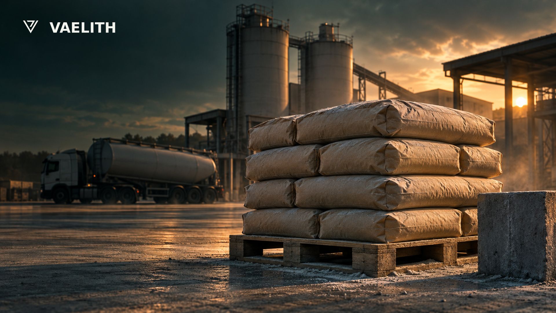 Ilustração conceitual de sacos de cimento sem marca sobre um palete, com silos e caminhão ao fundo.