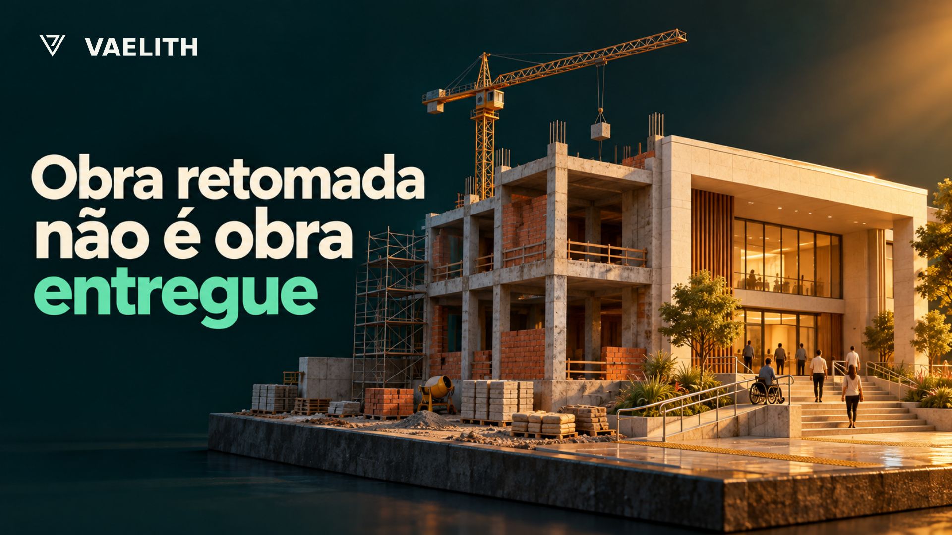 Ilustração conceitual VAELITH de uma edificação pública imaginária em transição entre construção e uso.