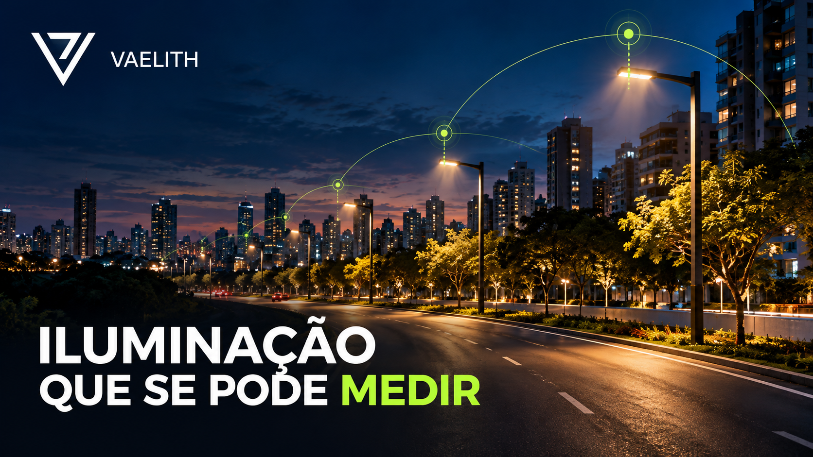 Rua imaginária com iluminação pública e conexões digitais ilustrativas.