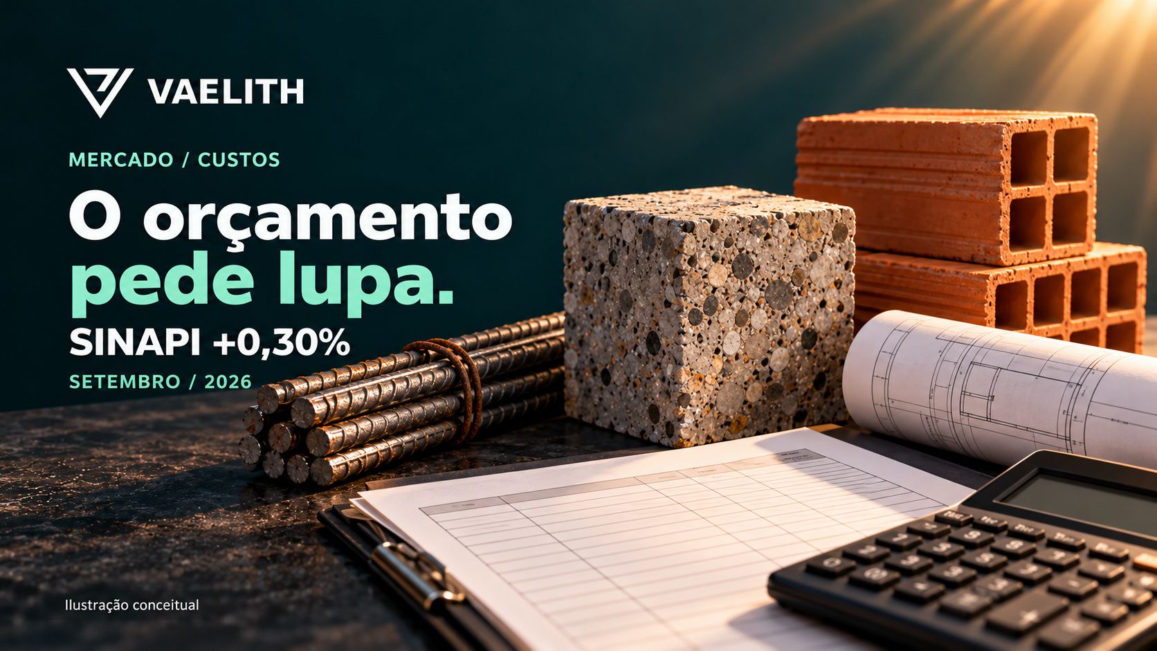 Composição conceitual de construção e orçamento com a variação SINAPI de 0,30% em setembro de 2026.