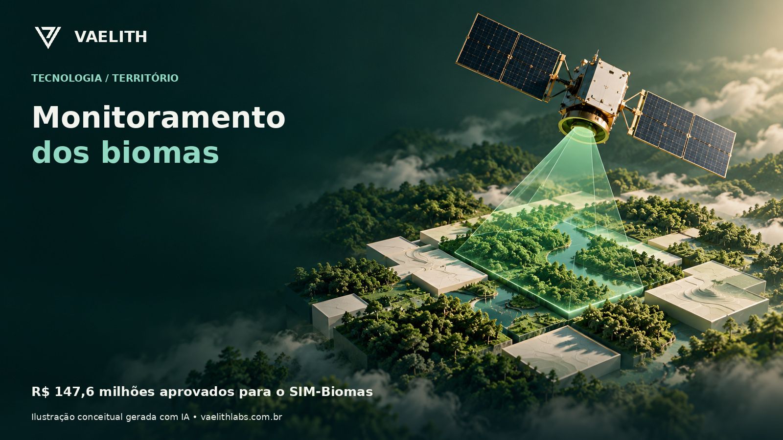Ilustração conceitual de satélite e camadas de informação territorial.