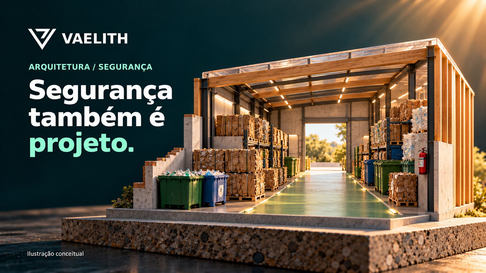Maquete conceitual de galpão de reciclagem com circulação central livre.