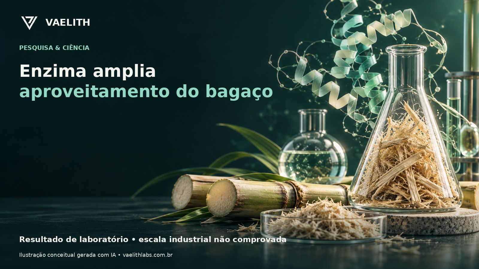 Ilustração conceitual de laboratório e bagaço de cana; não representa o experimento da USP.