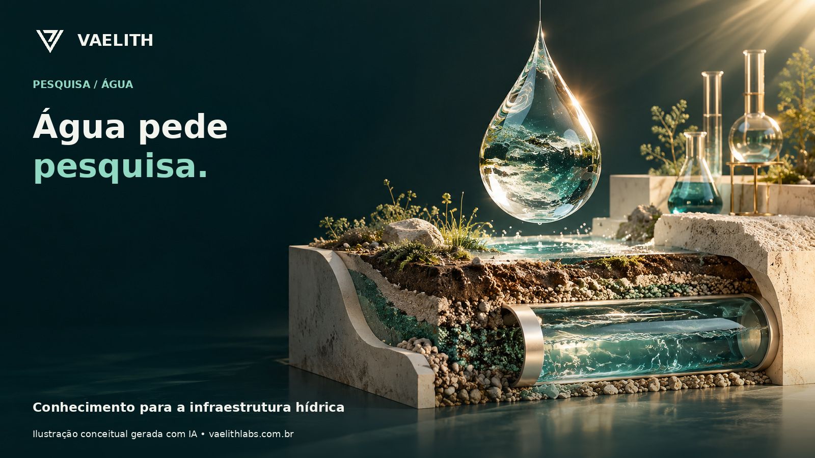 Composição conceitual de água, infraestrutura e materiais de pesquisa.