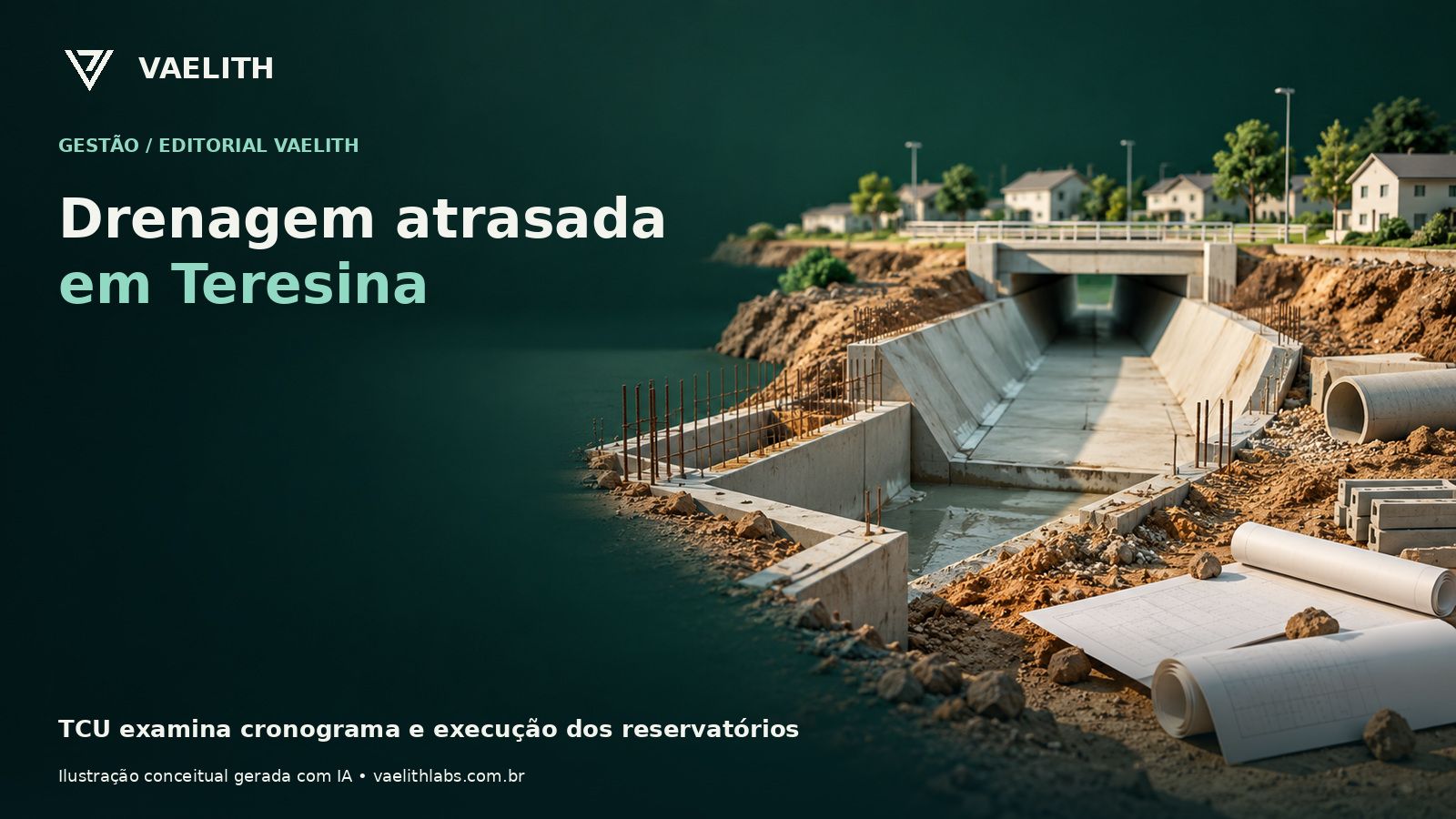 Ilustração conceitual de canal de drenagem em construção; não é registro da obra de Teresina.