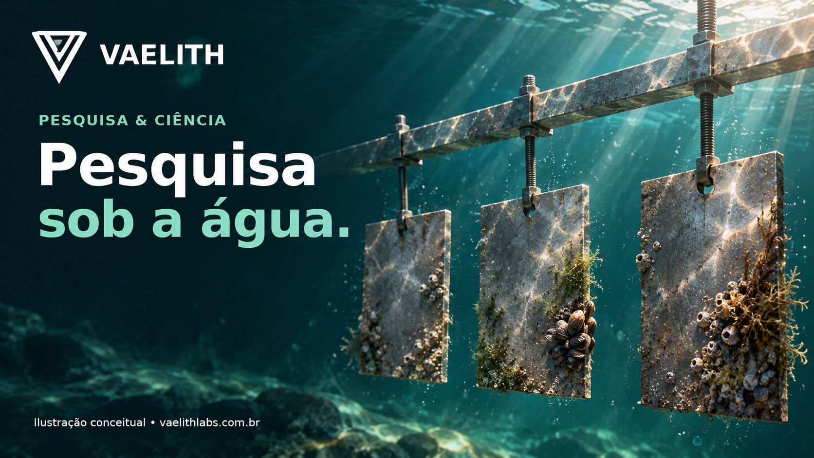 Ilustração conceitual de placas de aço submersas para estudo de bioincrustação. Não representa experimento real.