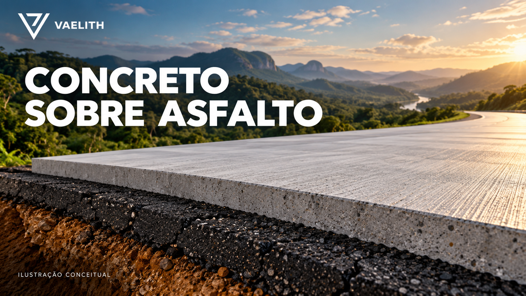 Representação conceitual de uma camada de concreto sobre pavimento asfáltico.
