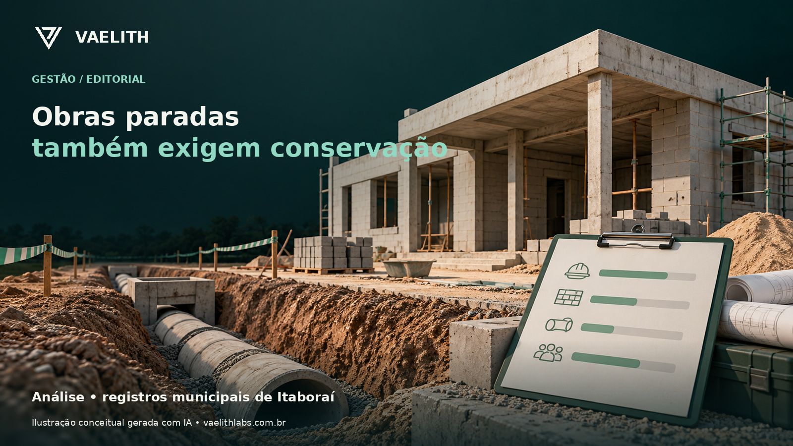 Ilustração conceitual de canteiro público interrompido; não é fotografia das obras de Itaboraí.