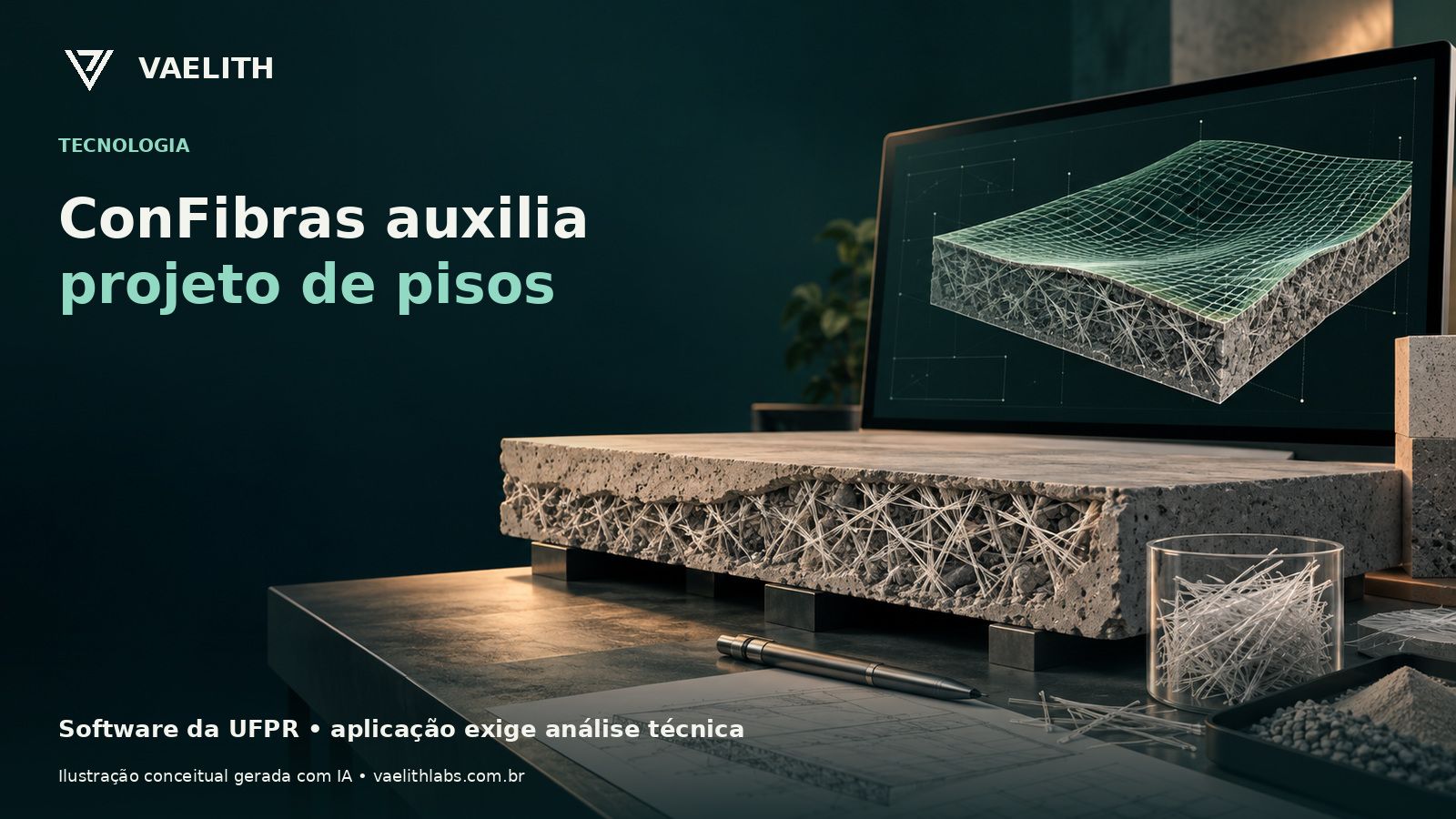 Ilustração conceitual de piso industrial com fibras e modelo computacional; não é captura do ConFibras.