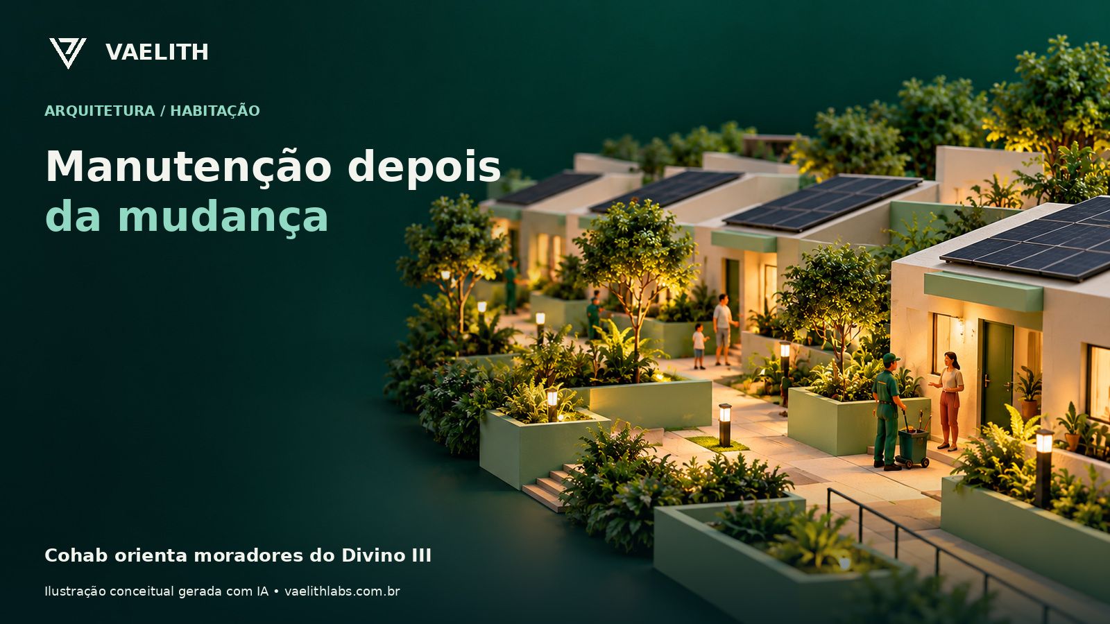 Ilustração conceitual de moradias com painéis solares e espaços compartilhados.