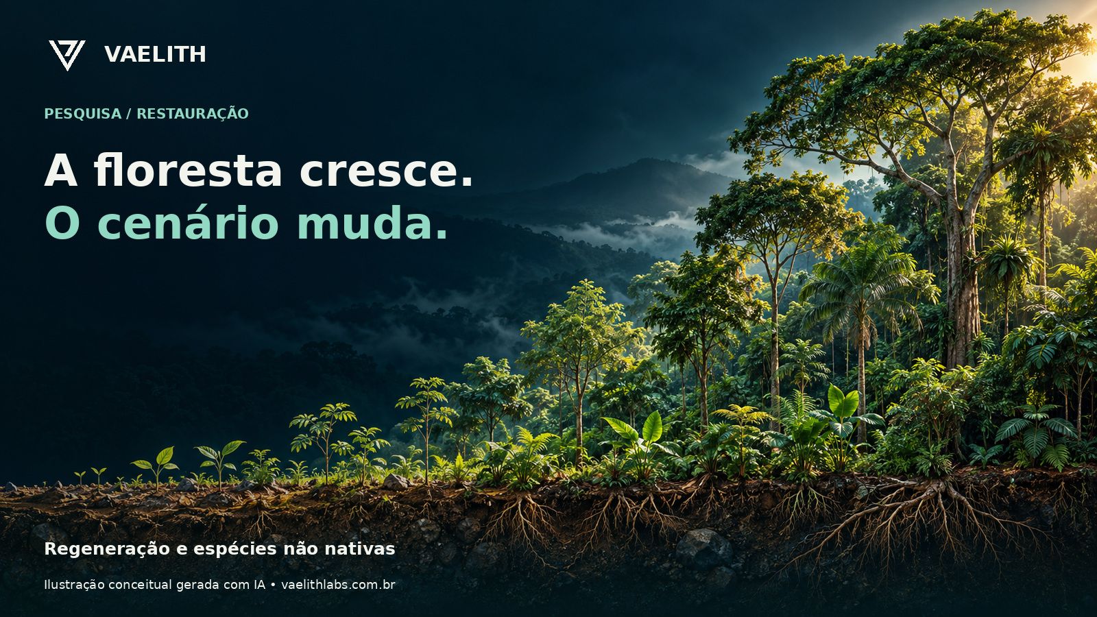 Ilustração conceitual de regeneração, de vegetação jovem a dossel fechado.