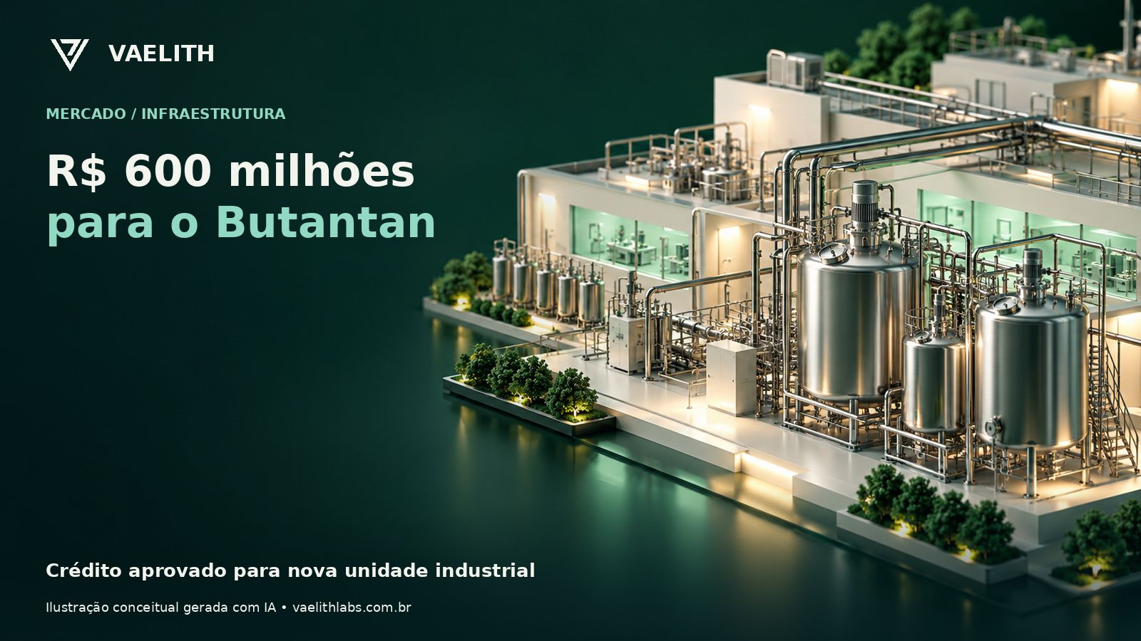 Ilustração conceitual de instalação industrial farmacêutica; não representa o projeto do Butantan.