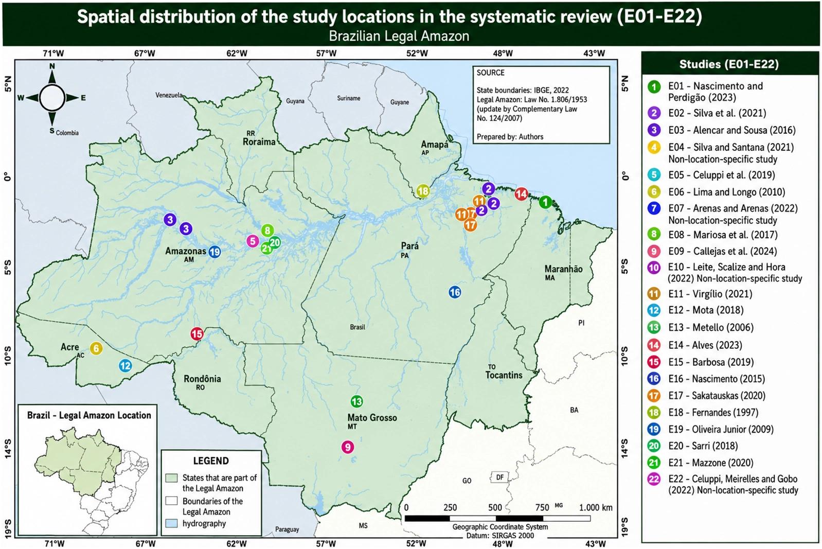 Mapa da Amazônia Legal com círculos coloridos identificando a distribuição geográfica dos 22 estudos E01 a E22 analisados pela revisão da UFMT