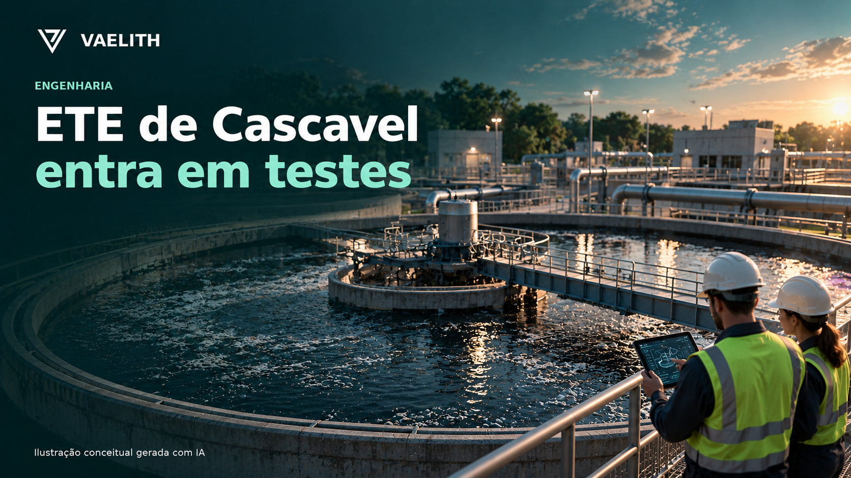 Ilustração conceitual de estação de tratamento de esgoto; não representa registro da ETE Sul de Cascavel.