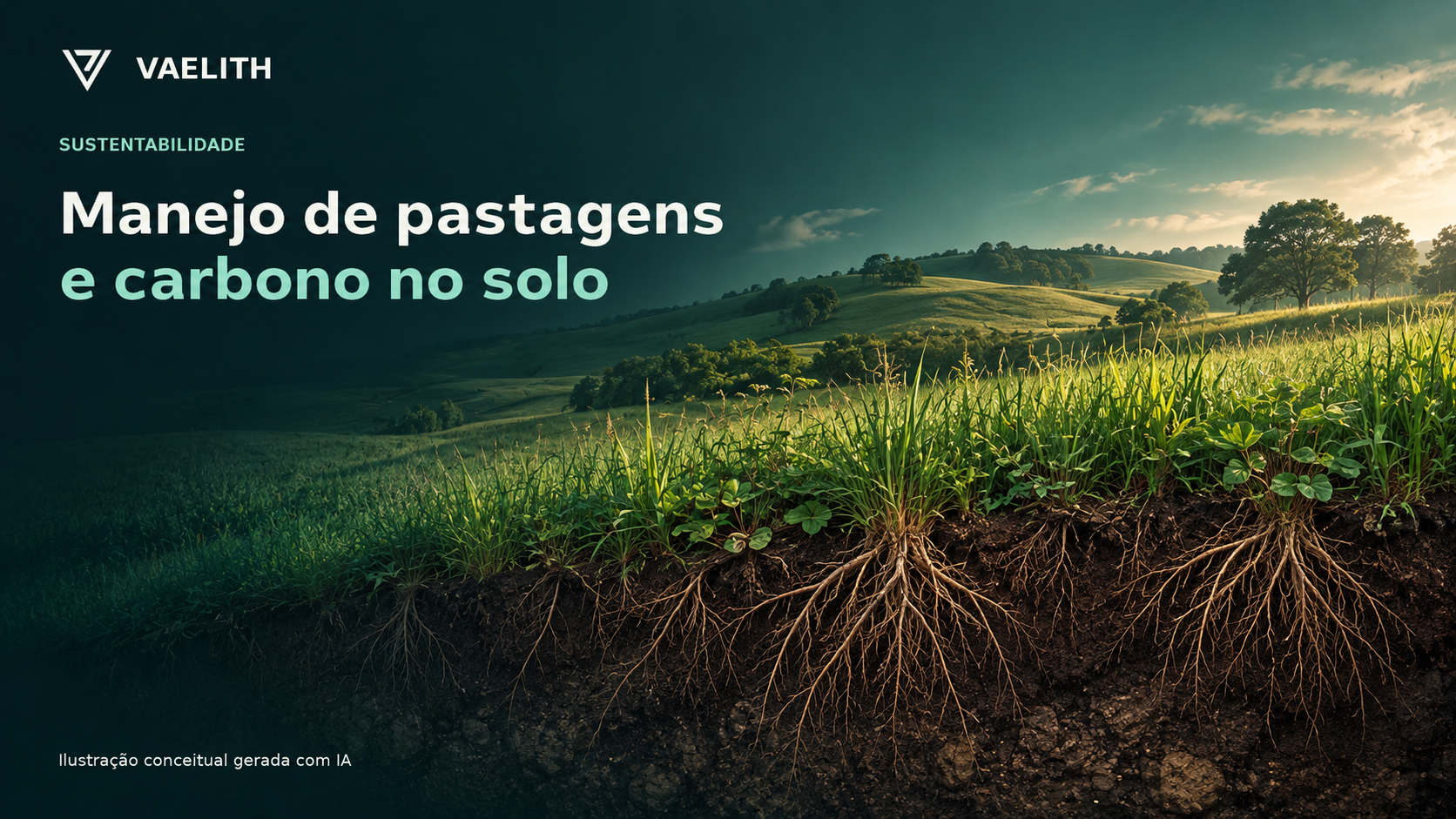 Ilustração conceitual de pastagem e perfil de solo; não representa os experimentos citados.