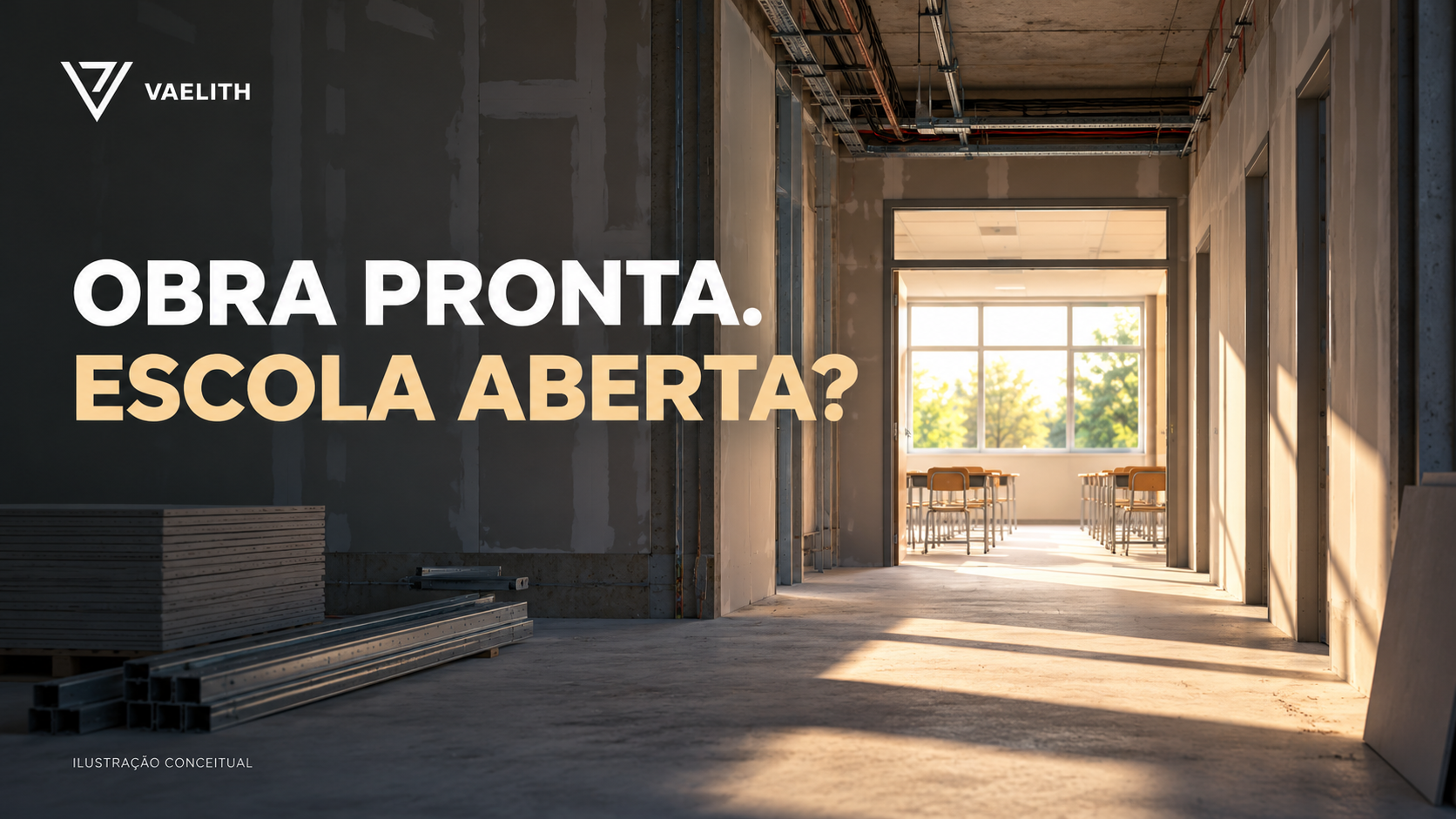 Representação conceitual de corredor em obras e sala de aula ao fundo.