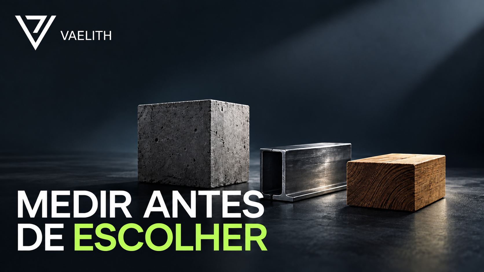 Amostras conceituais de concreto, aço e madeira sobre uma mesa.