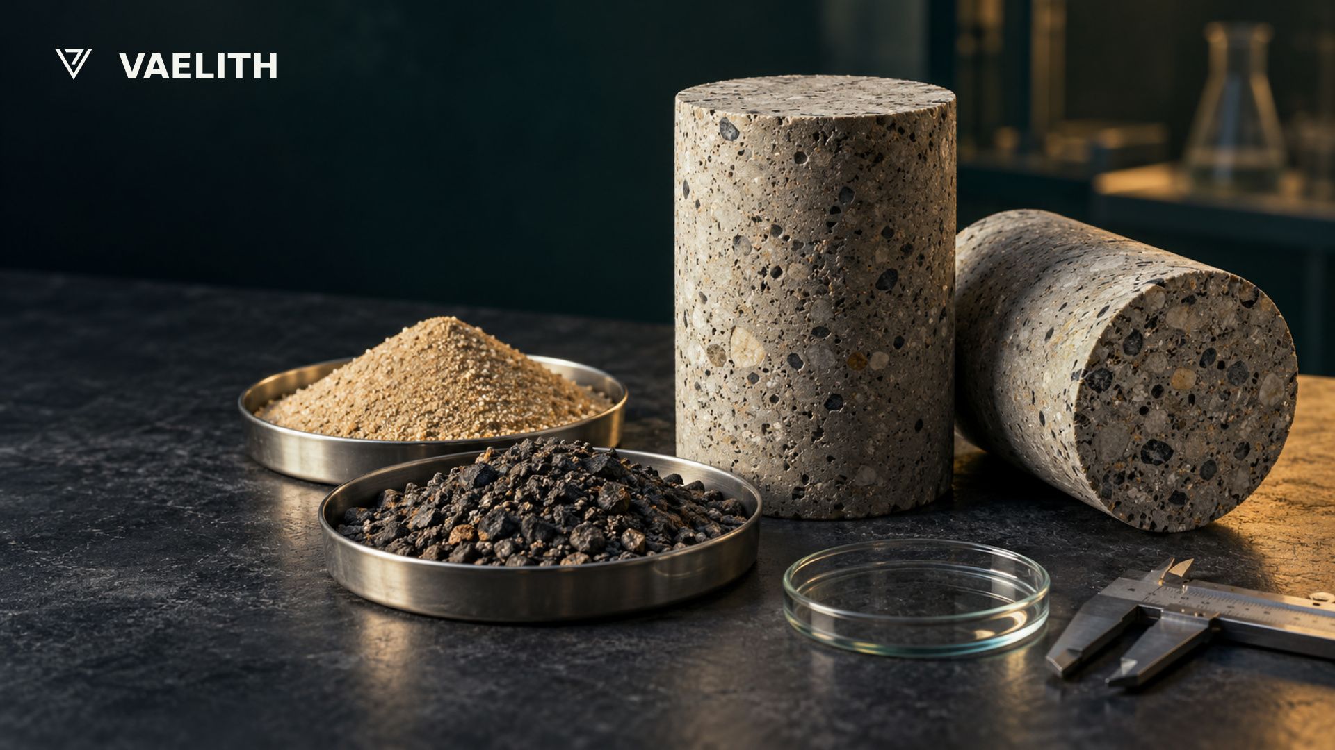Ilustração conceitual de corpos de prova de concreto e amostras de areia e material granular escuro em uma bancada de laboratório.