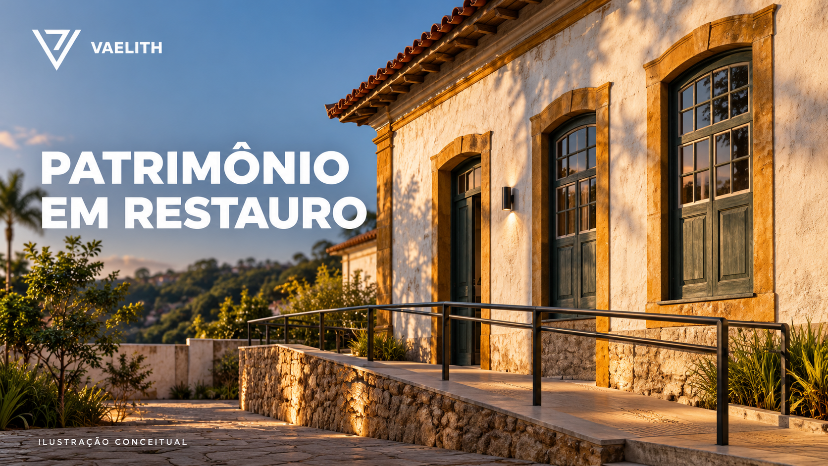 Representação conceitual de edificação histórica restaurada com percurso de acesso.