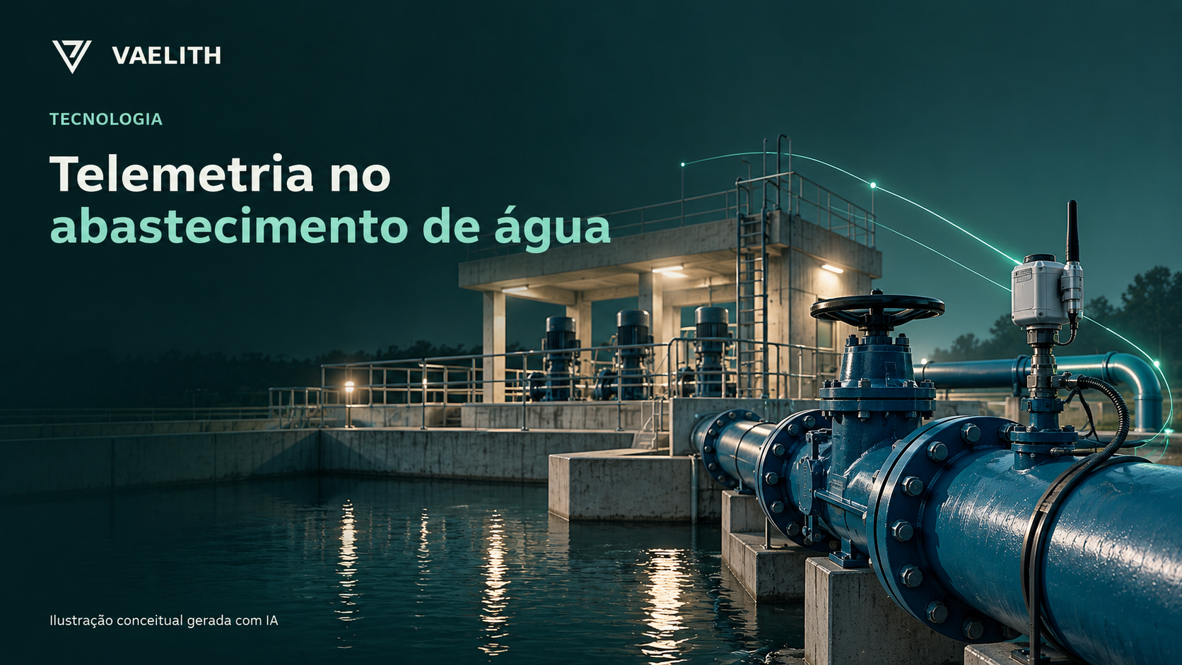 Ilustração conceitual de monitoramento de sistemas de água; não é registro das instalações da Sanepar.