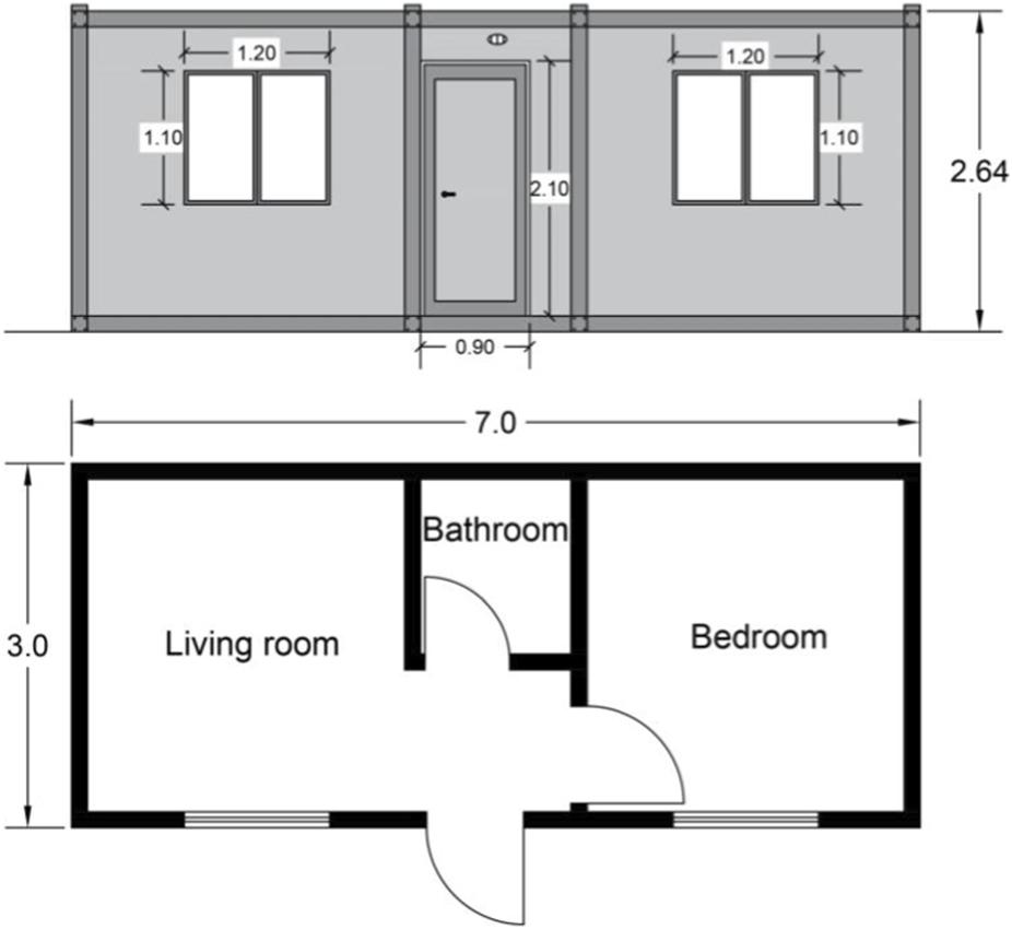 Planta e fachada do contêiner de referência de sete por três metros, com sala, banheiro e quarto.