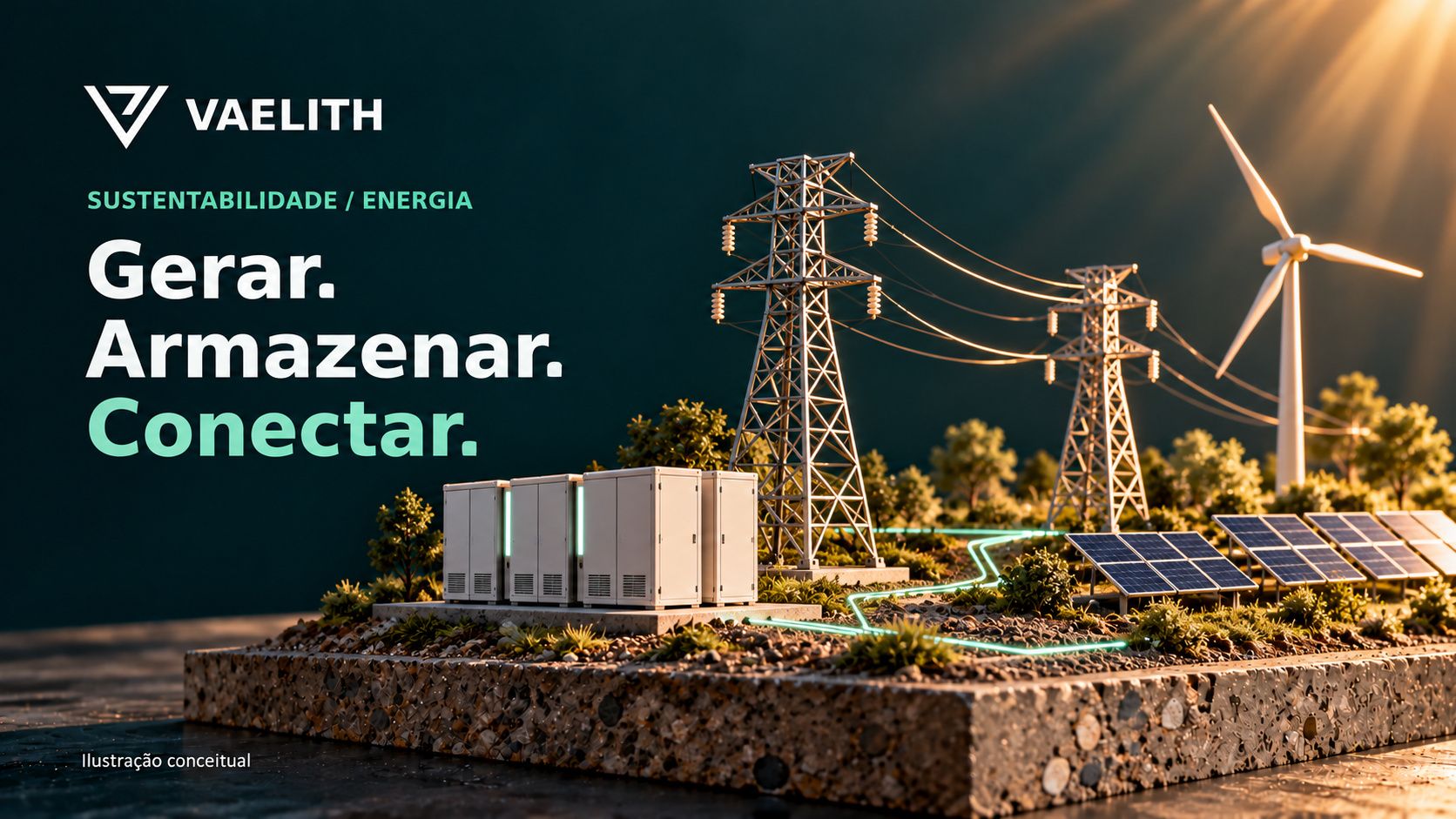 Composição conceitual de baterias, transmissão e fontes renováveis, com chamada Gerar. Armazenar. Conectar.