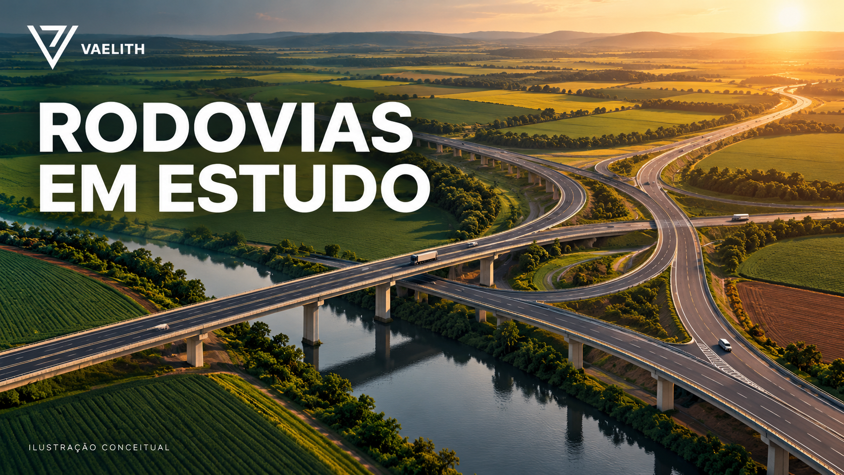 Representação conceitual de rede rodoviária e pontes em paisagem rural.