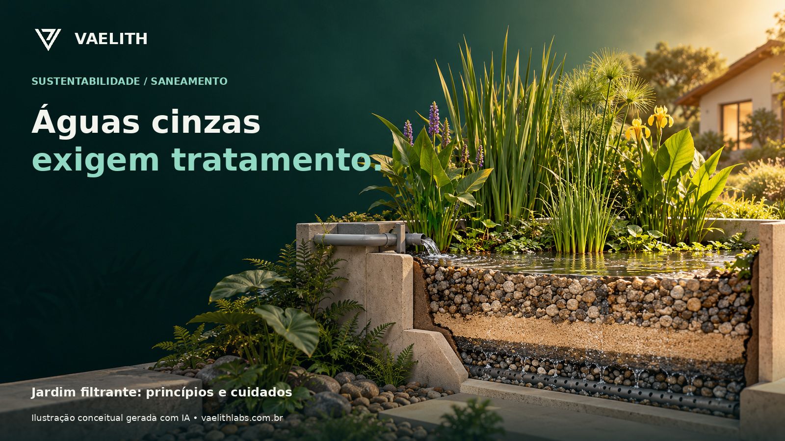 Representação conceitual de tratamento de águas cinzas com vegetação e meios filtrantes.