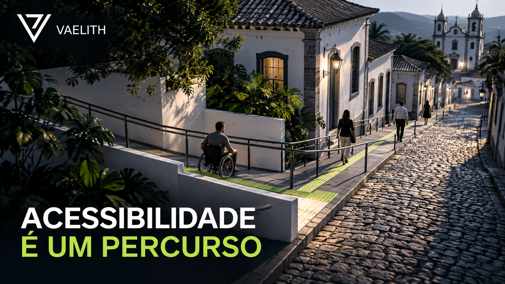 Percurso acessível imaginário em rua histórica com pessoa em cadeira de rodas.