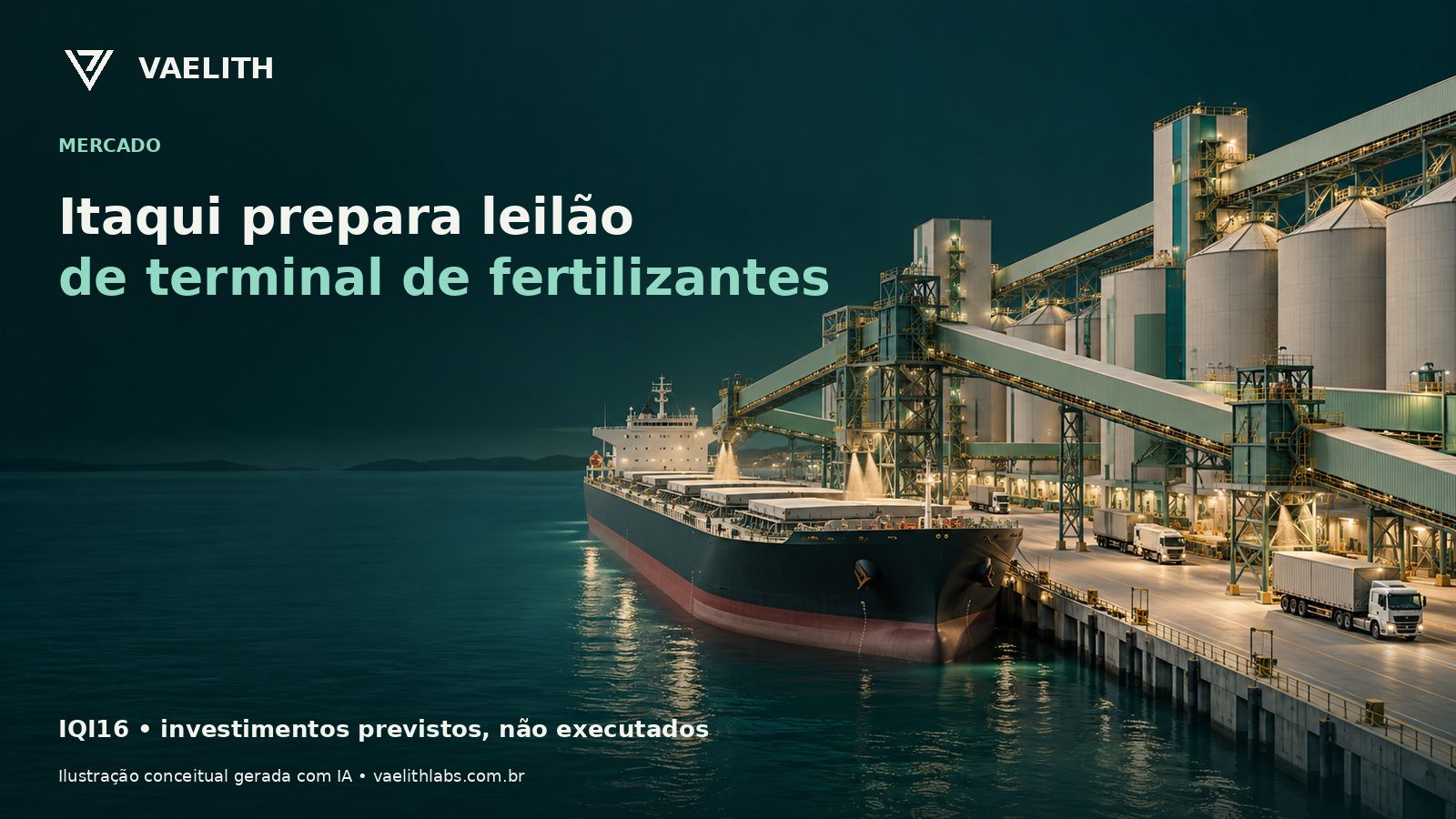 Ilustração conceitual de terminal portuário para granéis; não representa o terminal IQI16.