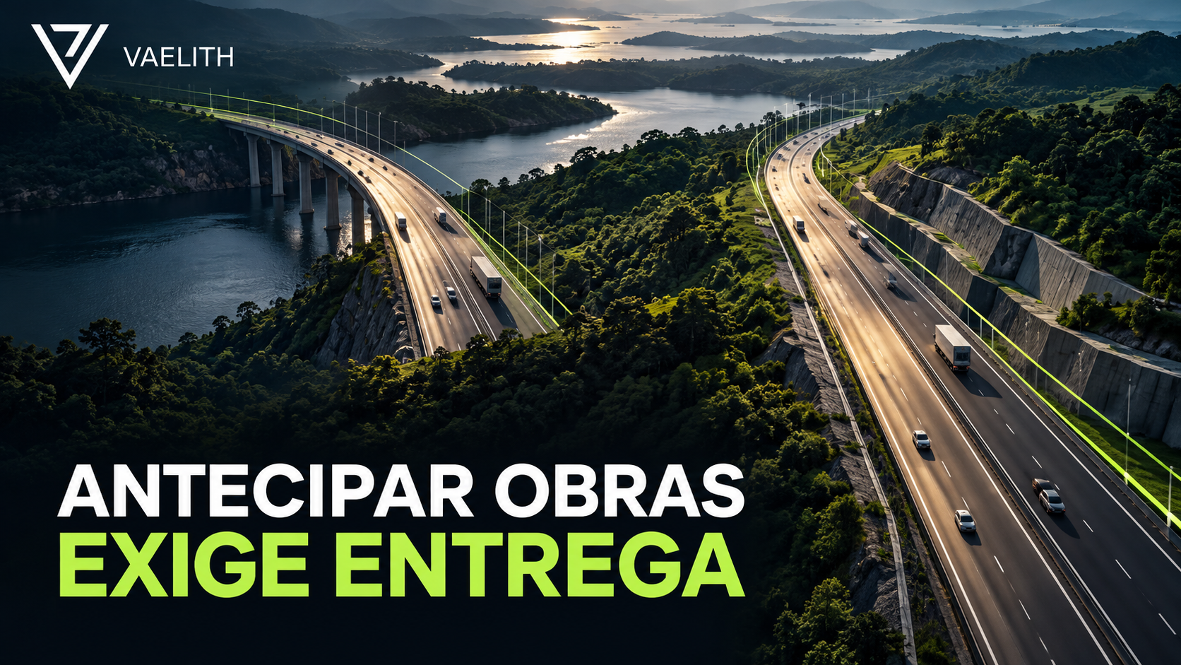 Rodovias em paisagem conceitual com chamada sobre antecipação e entrega de obras.