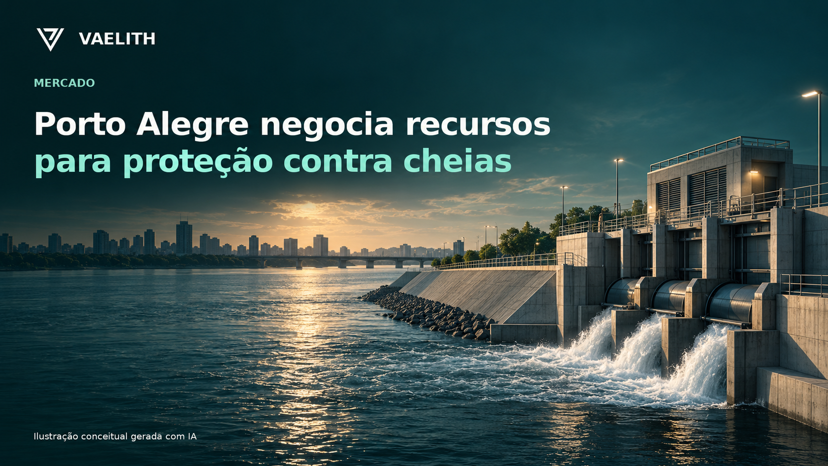 Ilustração conceitual de proteção urbana contra cheias; não representa uma intervenção contratada em Porto Alegre.