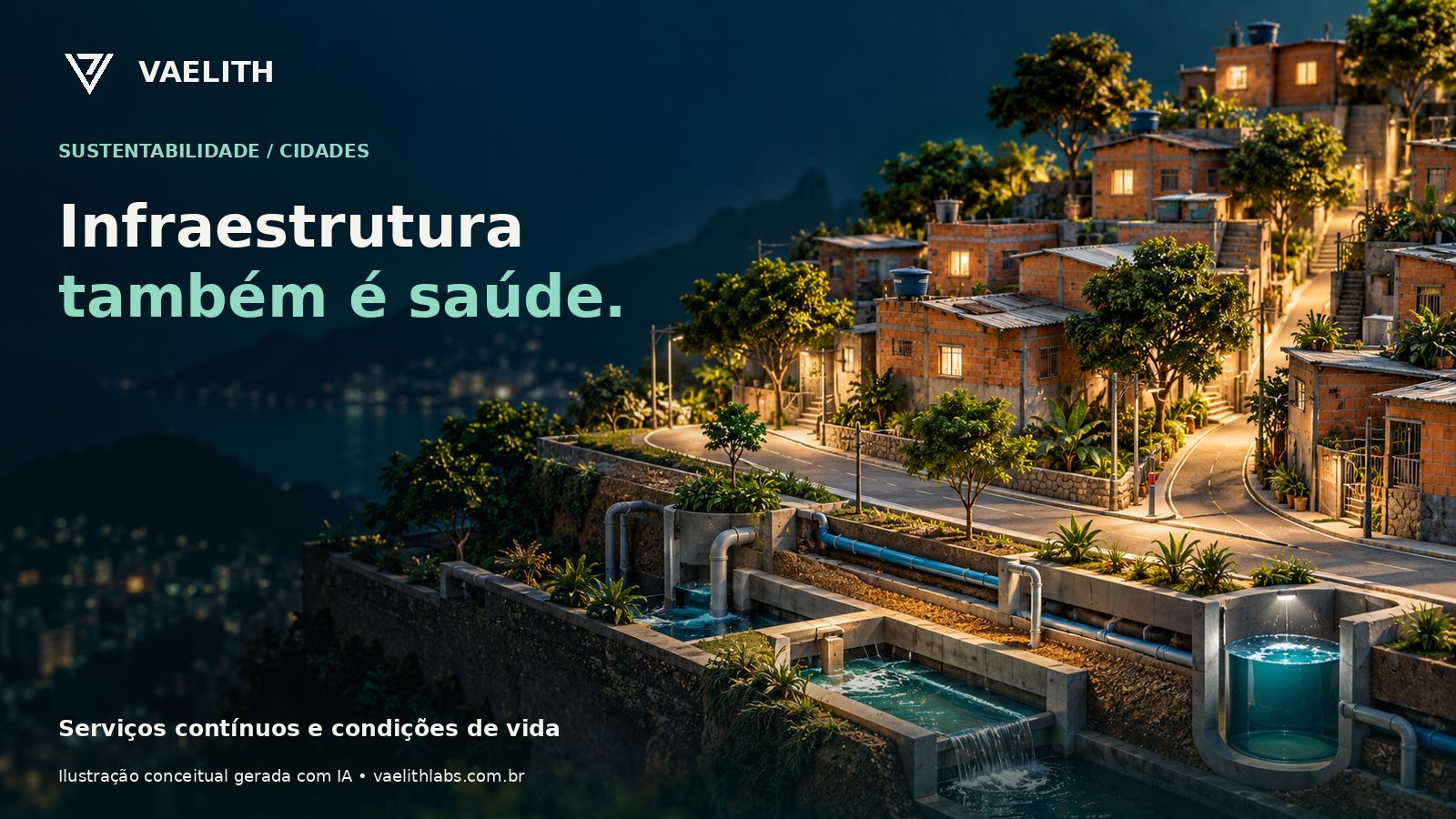 Modelo conceitual de infraestrutura urbana e moradias; não é projeto executivo.