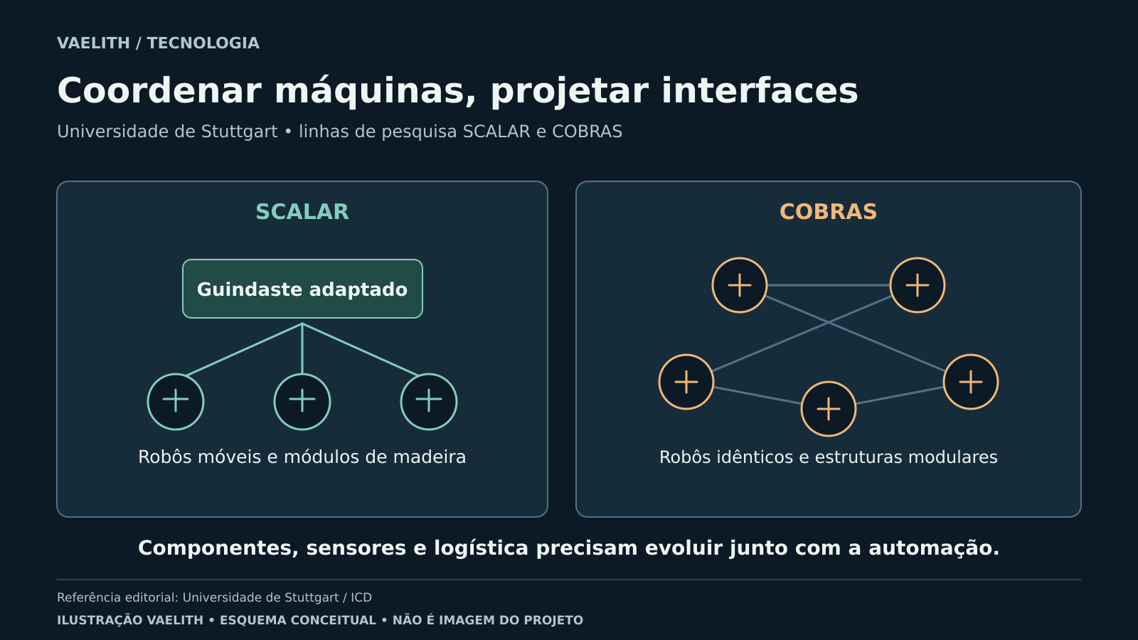 Dois painéis com redes abstratas distinguem a coordenação de guindaste e robôs móveis no SCALAR e a cooperação de robôs idênticos no COBRAS.