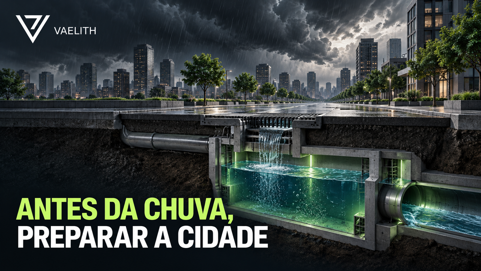 Representação em corte de rua, tubulação e reservatório de águas pluviais.