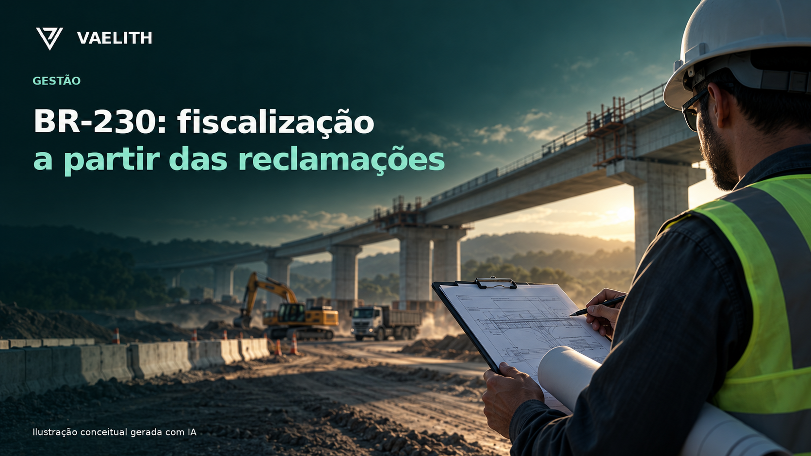 Ilustração conceitual de fiscalização e obras rodoviárias; não representa registro documental da BR-230/PB.