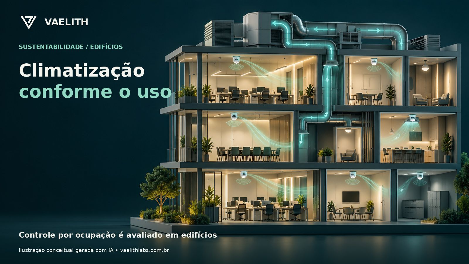 Ilustração conceitual de edifício com climatização e sensores de ocupação.