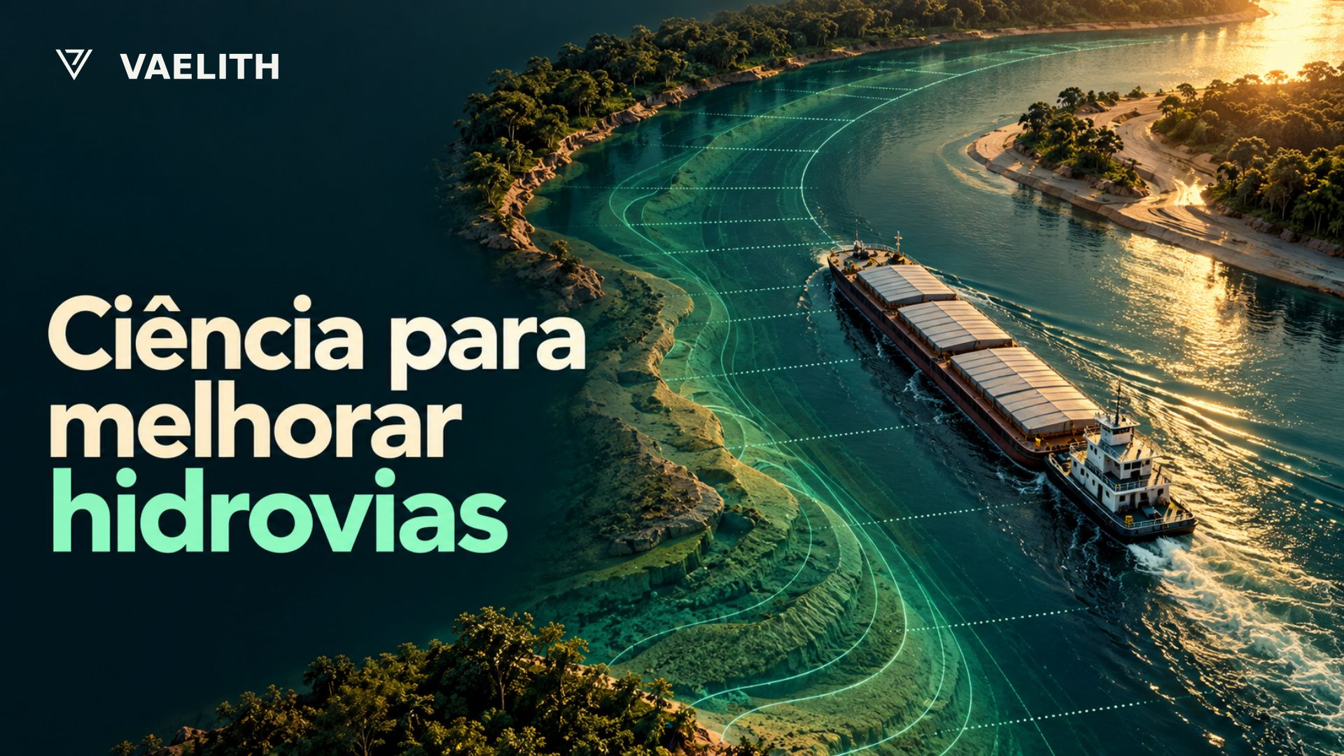 Ilustração conceitual VAELITH de uma embarcação genérica em canal fluvial, com linhas gráficas de monitoramento.