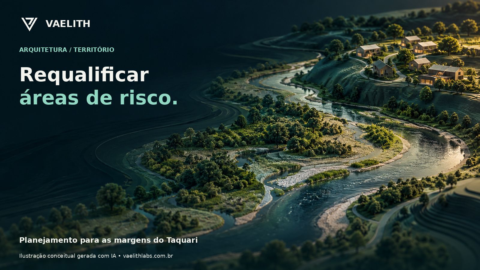 Modelo conceitual de margem fluvial com área verde e ocupação em cota mais alta.