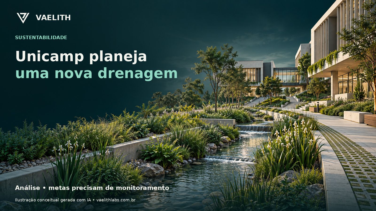 Ilustração conceitual de drenagem com jardins de chuva em campus; não representa o projeto da Unicamp.